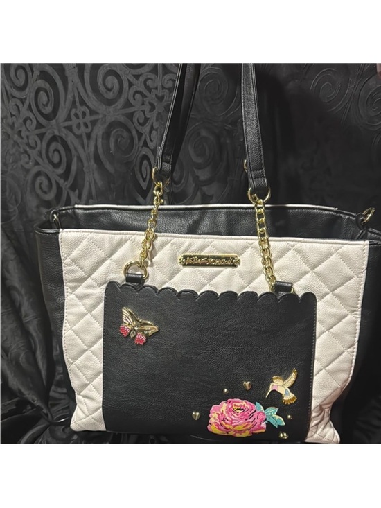 Betsey Johnson Handbags - Black & White Tote Bag with Floral Embroidery